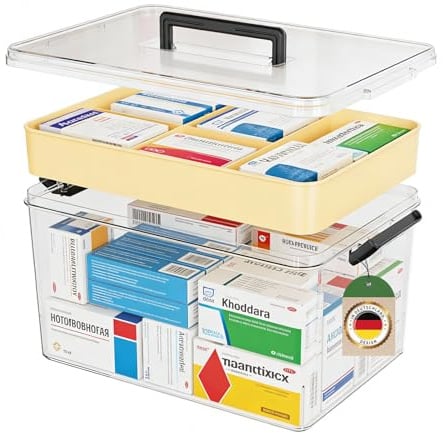 YONHESHI Medizinbox mit Griff – Großer Medikamenten Organizer – Medikamenten Aufbewahrung mit 2–lagigen transparenten Fächern, tragbar für Senioren, Reise & Zuhause