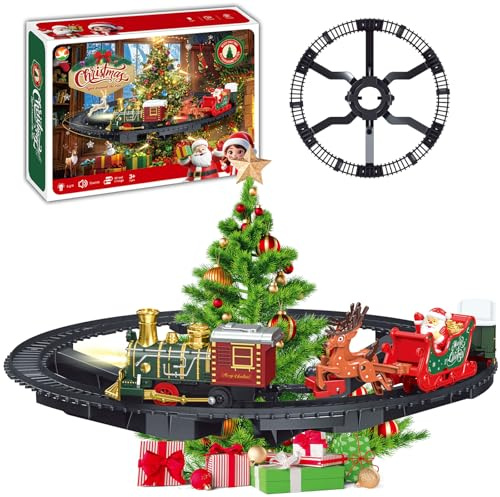 Hanging Christmas Train Set with lights and sound, hanging Christmas tree decorations, equipped with locomotives, carriages, sleds, and tracks, for children