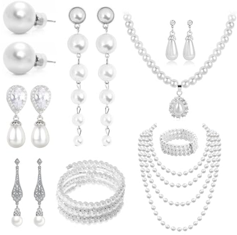 20er Jahre Outfit Damen Kostüm, Audrey Hepburn Kostüm, Set 9 Stück mit Perlenkette Halsketten Armbändern Schmuck, 1920er Accessoires Damen, Great Party Outfits Perlen Schmuck für Mottoparty Karneval