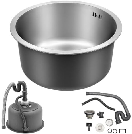 DAOHHFO Rundspüle Edelstahlspüle Durchmesser 36,5cm Edelstahl Rund Unterbau Küchenspüle mit AbflussrohranschlussEinbauspüle Aufbauspüle Spülbecken, Küchenbadarmaturen, Zubehör für Küche