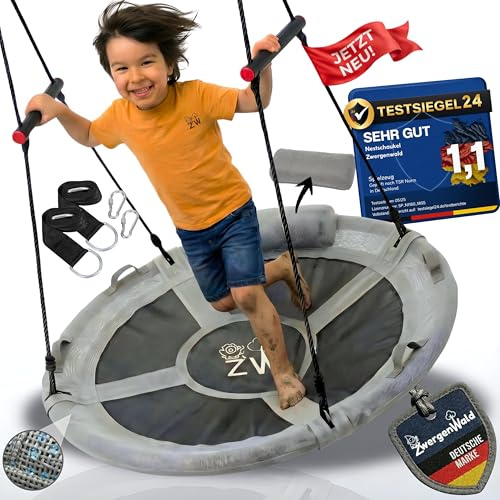 Nestschaukel Outdoor 110 cm, Kinderschaukel, Schaukel Indoor Kinderzimmer, Schaukel Outdoor mit Kissen & Montageset, Stehgriffe und Halteschlaufen, 2 Kinder, für Erwachsene 150Kg, Tellerschaukel, Grau