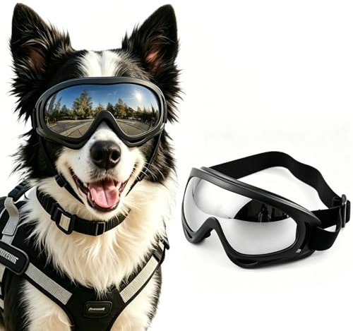 Hundebrille, Hunde Sonnenbrille | Anti-UV Wasserdicht Winddicht Einstellbar für Mittel/Gross Hunde, Schwarz