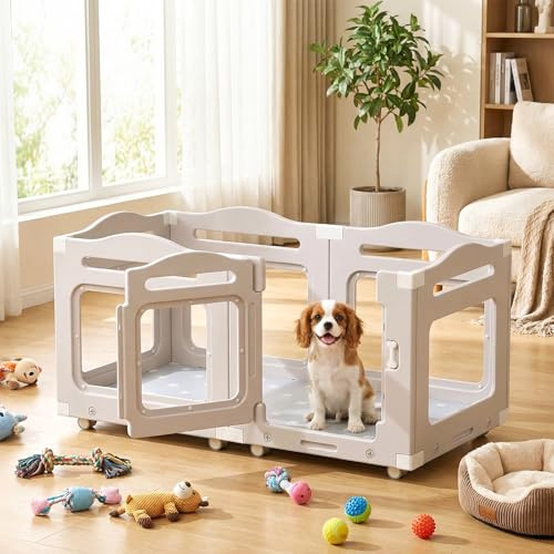 MAMIZO Acryl Welpenauslauf 126×68 cm, Laufstall Hund Mit Rädern | Hundelaufstall für Wohnung 64cm Hoch, 5+1 PCS Platten Wurfkiste für Welpen mit Wasserdichte Matte und Grundplatte, Warmgrau