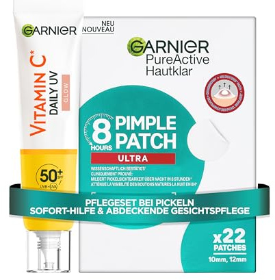 Garnier Vitamin C Glow & SOS Set – Tägliches Sonnenfluid Glow LSF 50+ zum Abdecken & Schützen + Pimple Patches Ultra gegen Pickel – Routine für ebenmäßigen Teint & UV-Schutz – 2-teilig