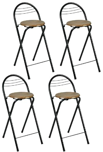 Amveya Set di 4 Sgabello Pieghevole Alto con Schienale, Sedie Pieghevoli con Seduta Effetto Legno, Sgabello bar Salvaspazio per Cucina, Balcone e Interni, Altezza 60 cm, Nero & Marrone