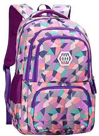 SellerFun Girl Geometric Printed Primary Junior High University School Bag Bookbag Backpack(2# Purple,19L)