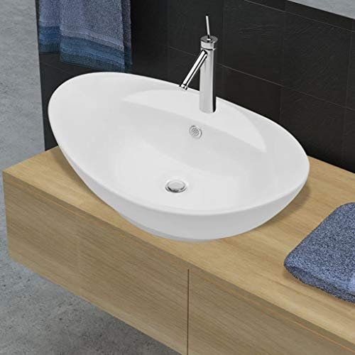 Lavabo Ceramica Lusso Ovale con Foro di scarico e Foro Rubinetto, Lavabo da Appoggio Lavello in Ceramica a Forma Ovale Lavandino da Appoggio per Bagno Casa