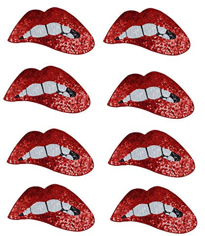MIAO JIN 8 Stück 27,9 x 14,9 cm, rote Lippenform, Stickerei-Aufnäher, rote Pailletten, Lippen, Punk, große Patches für Kleidungszubehör und DIY-Motiv-Applikation (rot)