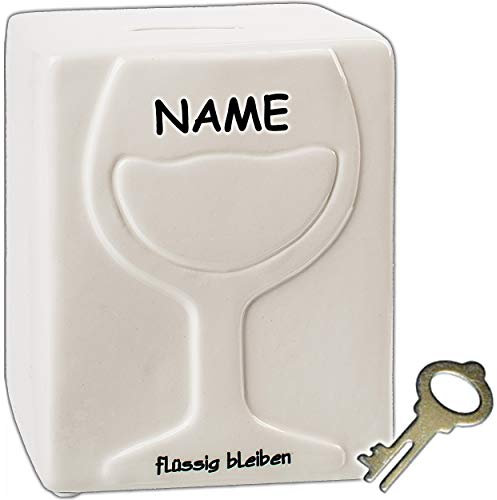 große Spardose - flüssig bleiben/Sektglas - inkl. Name - mit Schlüssel und Schloss - stabile Sparbüchse - Glas/Weinglas - aus Porzellan/Keramik - Versch..