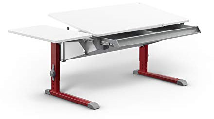 Moll Bandit Kinderschreibtisch höhenverstellbar | mitwachsend, ergonomisch & neigbar für aufrechtes Sitzen | ideal für Schulkinder | Schreibtisch weiß (Side Top & Schublade, Rot, 117,2cm x 70,5cm)