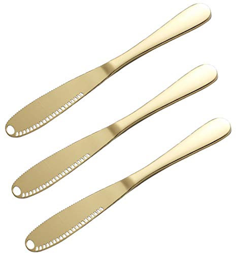 Hoshen Lot de 3 couteaux à beurre, râpe à beurre, couteau à pain, couteau à confiture, spatule à fromage, ustensiles de cuisine – Doré