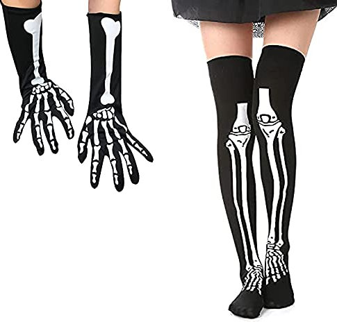 MXJFYY 2 Paar Halloween Handschuhe Socken Langarm Skelett Handschuhe Socken Halloween Kostüm für Kinder und Erwachsene (A)