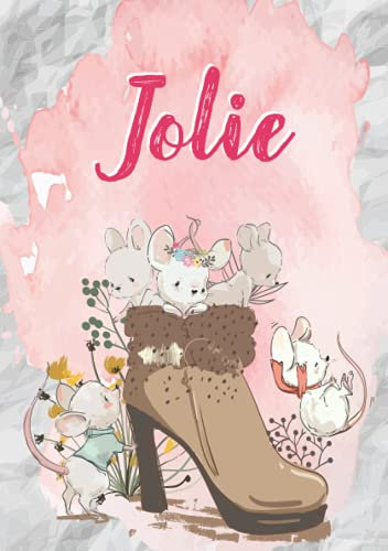 Jolie: Notizbuch A5 | Personalisierter vorname Jolie | Geburtstagsgeschenk für Frau, Mutter, Schwester, Tochter | Niedliche Mäuse im Stiefel | 120 Seiten liniert, Kleinformat A5 (14,8 x 21 cm)