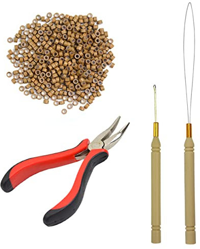 Hair Extensions Pliers Tool Kit I-tip Hair Pliers Pulling Hook Bead Device Tool Kits and 500 pcs 5mm Silicone Lined Micro Rings (Dark Blonde)