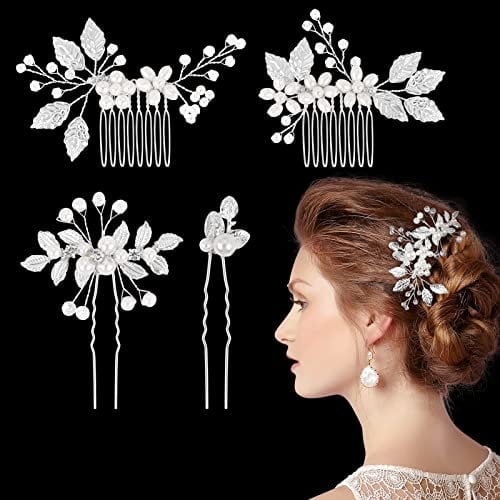 Kiiwah 4 Stück Haarschmuck Hochzeit Perle Blume Braut Haarkamm Strass Brautschmuck Braut Haarnadeln für Kommunion MäDchen Braut Brautjungfer(Silber)
