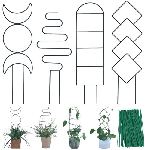 Wellsign Lot de 4 treillis en métal pour plantes grimpantes, 40,6 cm pour plantes en pot d'extérieur avec différents motifs pour vigne, lierre et fleurs