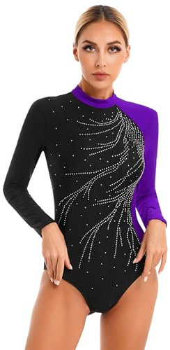 Freebily Body da Ginnastica Artistica Donna a Maniche Lunghe Strass Leotards Vestito da Balletto Danza Classica Body da Pattinaggio Abito da Ballo Danza Moderna Jazz Dancewear Viola S