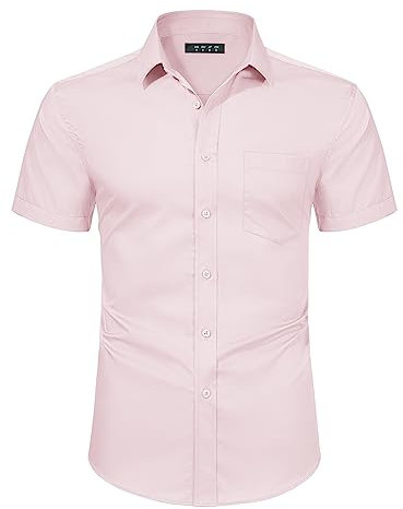 TACVASEN Men's Summer Dress Shirts Short Sleeve Wrinkle-Resistant Casual Business Shirt Regular Fit Non Iron Formal Shirt Light Pink,XL