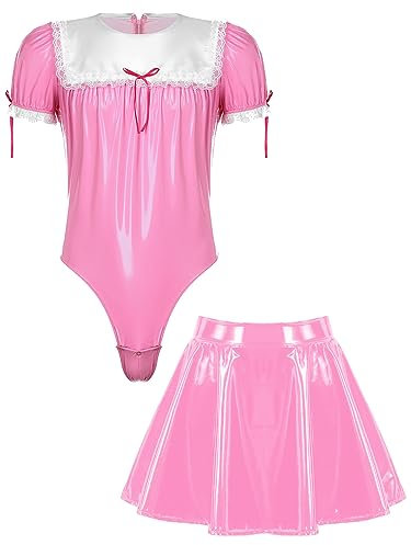 Agoky Herren Sissy Dessous Set Sexy Wetlook Dienstmädchen Body und Lack Leder Rock Crossdresser Cosplay Halloween Mottoparty Outfits Rosa 3XL