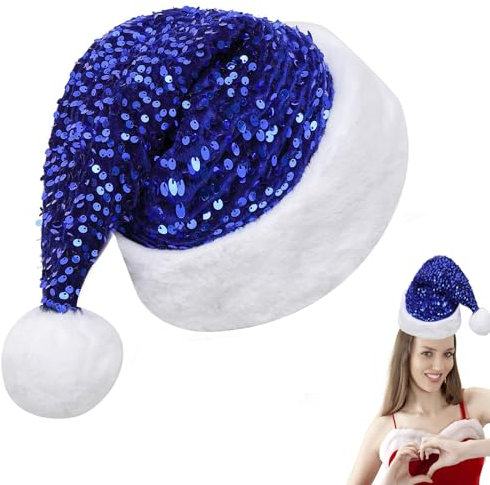 POPOYU Weihnachtsmütze mit Pailletten, Champagner, flauschige Weihnachtsmannmütze für die Weihnachtsfeier