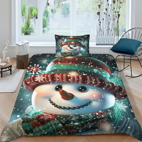POCHY Weihnachten Schneemann 3D Bettwäsche Set Kinder Erwachsene, Microfaser Bettbezug Und Kissenbezüge Mit Reißverschluss Weich Haltbar Atmungsaktive Single（135x200cm）