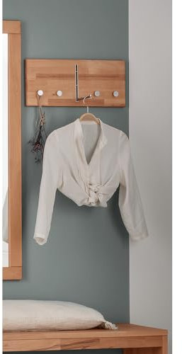 Lomadox Massivholz Buche Garderobenpaneel Wandgarderobe Garderobenleiste Kleiderhakenleiste 4 Kleiderhaken Metall 1 Klapphaken 50x22x2,5 cm