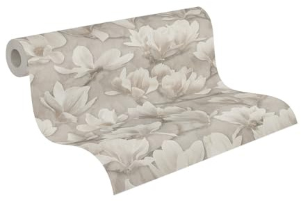 A.S. Création Magnolien-Vliestapete – Beige, Creme, Weiß – 0,53 x 10,05 m | Florales Magnolien-Motiv als natürlicher Blickfang – matte Motivtapete, einfach zu verkleben & spurlos abziehbar