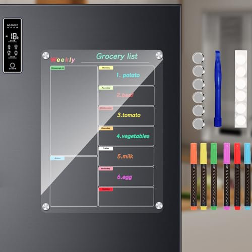 Bysameyee Fridge Calendar Meal Planning Board, Dry Erase Acrylic Magnetic Monthly Weekly Calendar Planner for Refrigerator with 6 Colors Markers (Transparent-Weekly(15.7x11.8))
