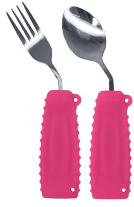 Ehucon Adaptive Gewichtete Silbergeschirr Geschirr Winkellöffel und Gabel Set für Hand Tremors Parkinsons Unabhängiges Essen (Rechte Hand, rosa, Packung mit 2 Stück)