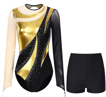 Linjinx Damen Turnanzug Langarm Ballett Trikot Tanzbody mit Gymnastik Hose Glitzer Gymnastikanzug Ballettanzug Tanzkleidung Gold XXL