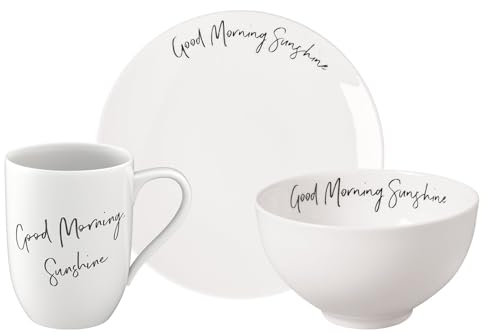 Villeroy & Boch Statement Frühstücks-Set 3-teilig | Good Morning Sunshine! | Geschirr-Set: Henkelbecher (290 ml), Frühstücksteller (21 cm) und Müslischale (14 cm) | Premium Porzellan | Weiß
