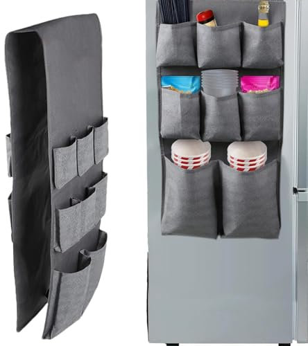 Jvjggag Kühlschrank-Aufbewahrung, Kühlschrank-Staubschutz, Aufbewahrungsregal mit 15 Taschen, Kühlschrank-Organizer für Besteck, Getränke, Papierwaren, 165 x 32 cm