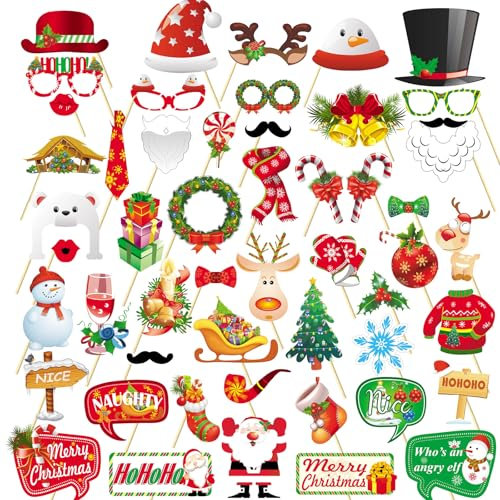 52 Stück Weihnachtsfeier Fotorequisiten, Weihnachten Fotorequisiten, Fotobox Accessoires Weihnachten, Weihnachtsparty Foto Booth, Weihnachtsfeier Foto Requisiten für Weihnachtsfeier Dekoration
