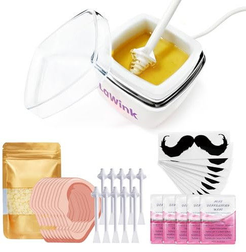 LaWink Nose Wax Kit Ear Hair Removal, Facial Waxing Kit with Mini Portable Heating Wax Warmer, 100g Wax beans, 10 Nose Sticks, 10 Ear Guards, 5 Calming Wipes Quick and Painless