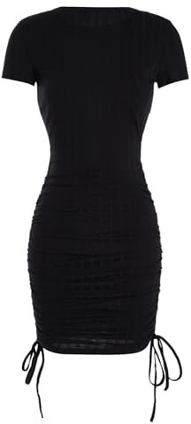 GORGLITTER Black Dress for Women UK Rib Knit Drawstring Side Bodycon Mini Dress Ruched Plain Pencil Short Dresses Knit Black X-Small