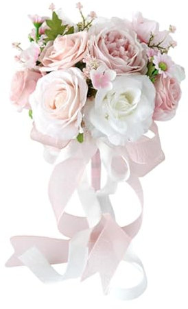 Perfeclan Wedding Bridal Bouquet Bridesmaid Flower Elegant Flower Arrangements Artificial Rose Flowers for Party Anniversary Outdoor, Pink White