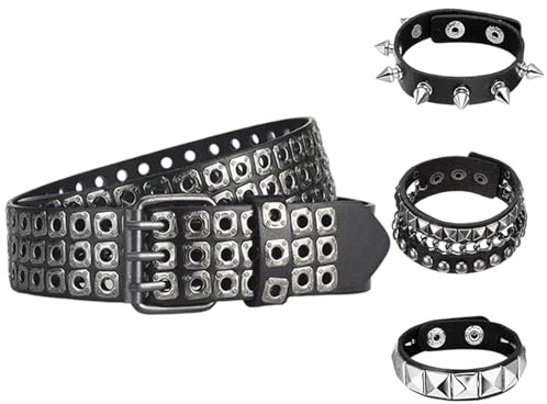 NUREINSS Damen Gürtel Set mit Armband | Punk Rock Streetwear Accessoire | Verstellbarer Nietengürtel für Konzerte, Partys & Tageslook | Edgy Style für individuelle Outfits (3.8cm Breite)