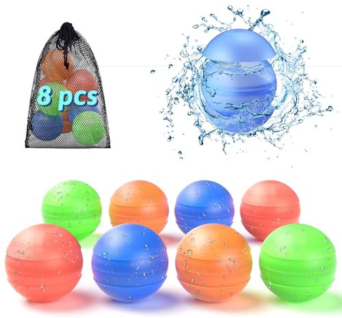 ALAFLY 8 Pack Reusable Water Balloons [One Hand Quick Fill] Dual-End Auto Sealing Pool Toy Water Balls for Kids/Adults, Summer Outdoor Beach Toys for Toddler Age 3+, Non-Magnets & Safe Fun