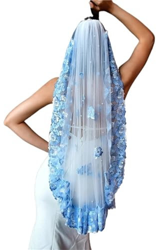 LVCHAO Braut Blumenstickerei Blaue Blume Wald Fantasy Reisefotografie Schleier Hochzeit Brautschleier Geeignet Für Junggesellinnenabschiede, Hochzeiten,