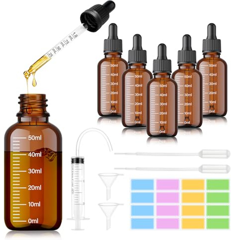 Alitree 6 Stück Pipettenflasche, 50ml Anti-UV Tropfflasche aus Braunglas | mit Dropper Pipette, Inklusive 7 Stk Hilfszubehör, für Ätherische Öle, Parfümöle, Aromatherapie, Düfte, Flüssigkeit