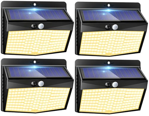 Peasur Lampe Solaire Exterieur Detecteur de Mouvement Lot de 4, LED Lumiere Extérieur avec Détecteur, 3 Modes/etanche Spot Solaire, Eclairage Extérieure pour Jardin Murale Garage, Blanc Chaud