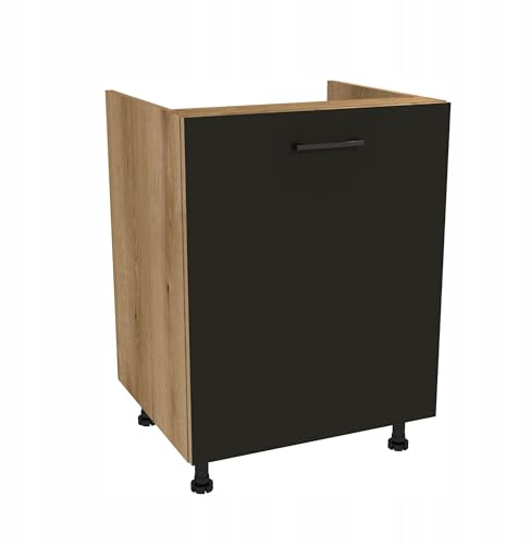 Laclar Unterschrank 48,5x60x82 fürs Spülbecken Capri Serie – Küchenschrank Eiche Evoke Schwarz Matt, Moderne Küchenmöbel mit Soft-Close-Scharniere, Spüle