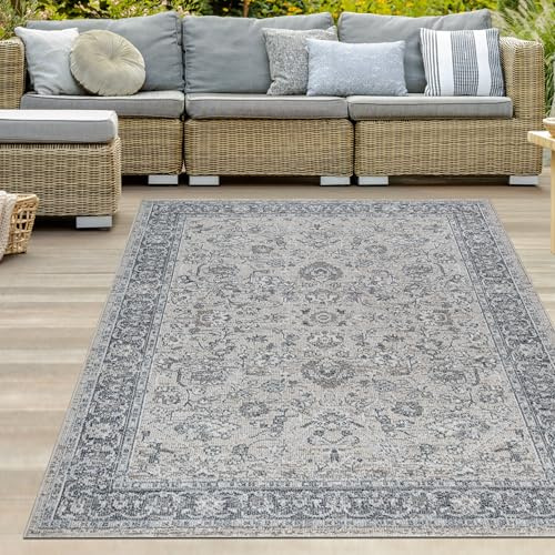 Teppich-Traum Outdoor Teppich Ornamentmuster Grau 160x230 cm | Pflegeleicht, wetterfest, UV-beständig, farbecht und formstabil, für Balkon, Terrasse, Garten, Wintergarten und Essbereich