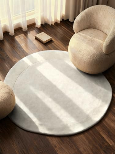 Villeroy & Boch Wollteppich Kivi Organisch Rund - Weicher Natur Wohnzimmerteppich mit Bordüre, Handgemacht & Natürlich, Modern für Wohnzimmer, Schlafzimmer, Esszimmer, Flur - Natur Creme, Ø 160 cm