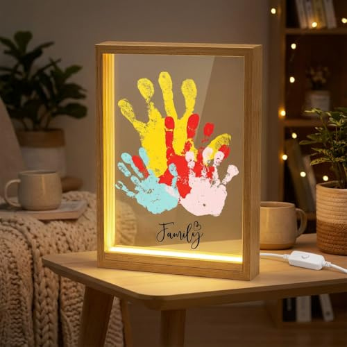 Kit de impresión de manos para familia con LED – Kit de impresión de pies de bebé recién nacido para parejas, marco de madera para manualidades, regalo personalizado para el día del padre y el día de