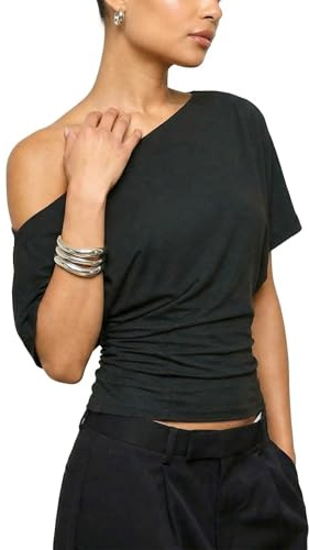 Off The Shoulder Tops for Women, Loose Fit Short Sleeve T Shirt, Casual Summer Spring Fashion Tee, Lightweight Comfortable