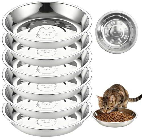 6 Pcs Stainless Steel Cat Bowls,16cm Whisker Fatigue Relief Shallow Cat Food Bowl and Water Bowl, Metal Dishes for Kitten, Puppy, Small Dog, Rabbit, Hamster, Guinea Pig, Stackable Pet Feeding Set