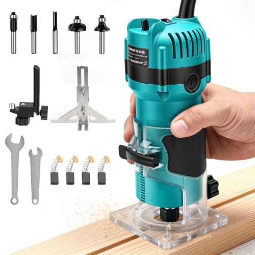 YEARTOP 800W Palm Router Tool 6-Speed Trim Router with 1/4(6.35mm) 5 Bits | 12000-31000 RPM | 230V Electric Handheld Wood Router with Trimmer Base for Handwork and DIY | 3.15 LBS