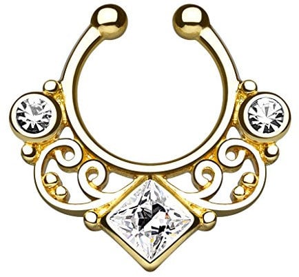 Piercingfaktor® Faux piercing universel septum vintage tribal avec cristaux de zircone, Métal