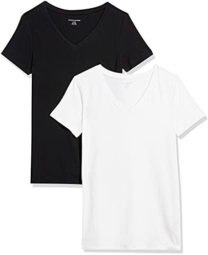 Amazon Essentials Women's Regular-Fit Short-Sleeve V-Neck T-Shirt, Pack of 2, Black/White, M